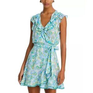 350$ Poupette St. Barth Ruffled V-Neck Aude Mini Dress Women's Size M Aqua Blue